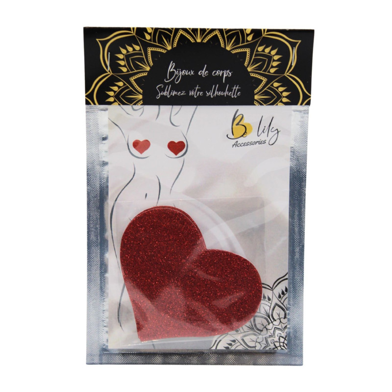 Paire de cache tétons adhésifs coeur pailleté rouge