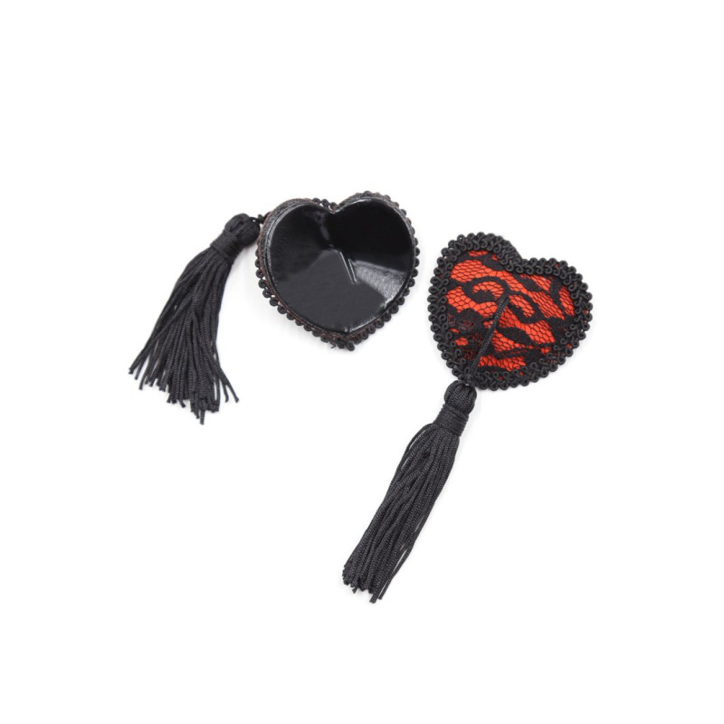 Paire de cache tétons adhésifs en forme de cœur avec dentelle noire et pompom