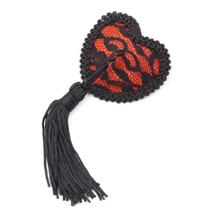 Paire de cache tétons adhésifs en forme de cœur avec dentelle noire et pompom