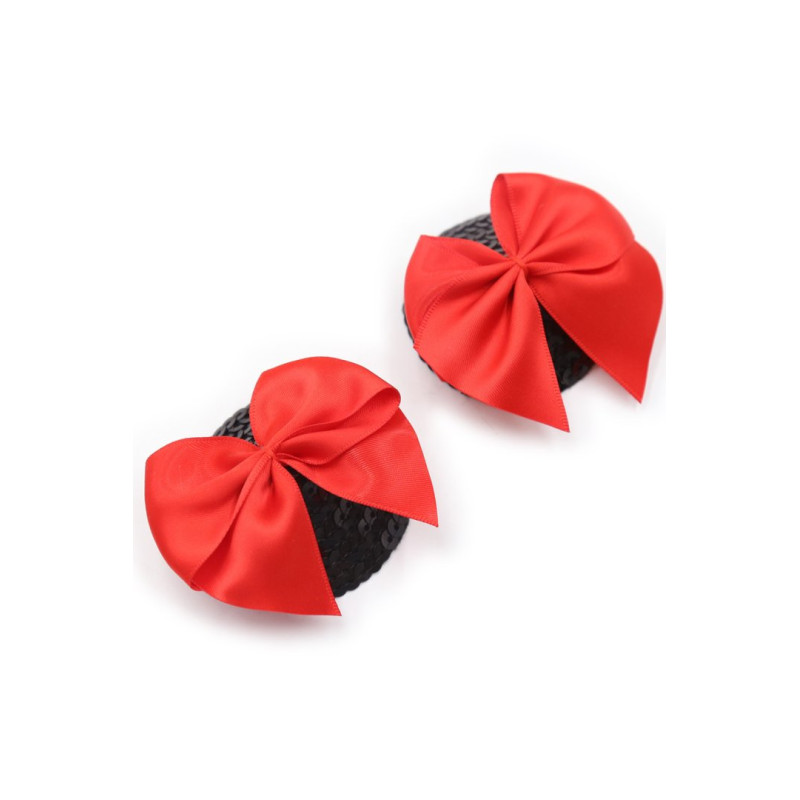 Paire de cache tétons adhésifs noir avec nœud papillon rouge