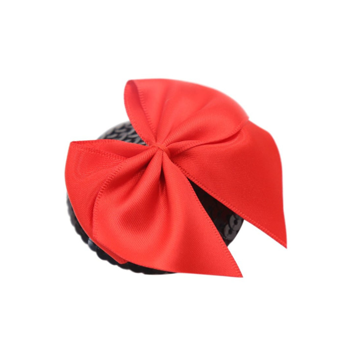 Paire de cache tétons adhésifs noir avec nœud papillon rouge