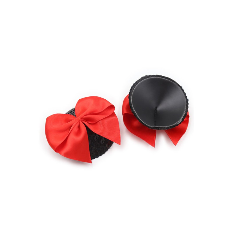 Paire de cache tétons adhésifs noir avec nœud papillon rouge
