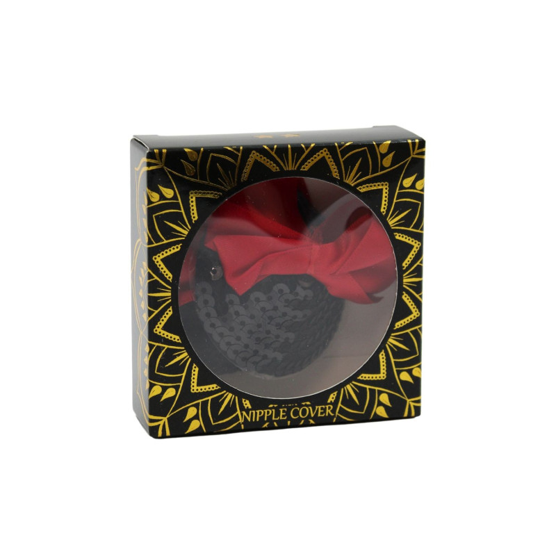 Paire de cache tétons adhésifs noir avec nœud papillon rouge