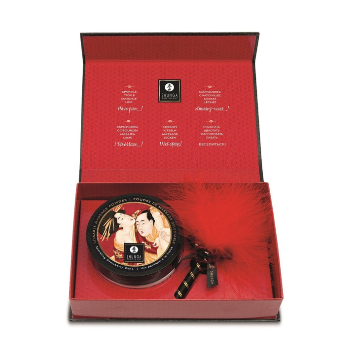 Mini Coffret poudre corporelle fraise/vin pétillant et plumeau assorti