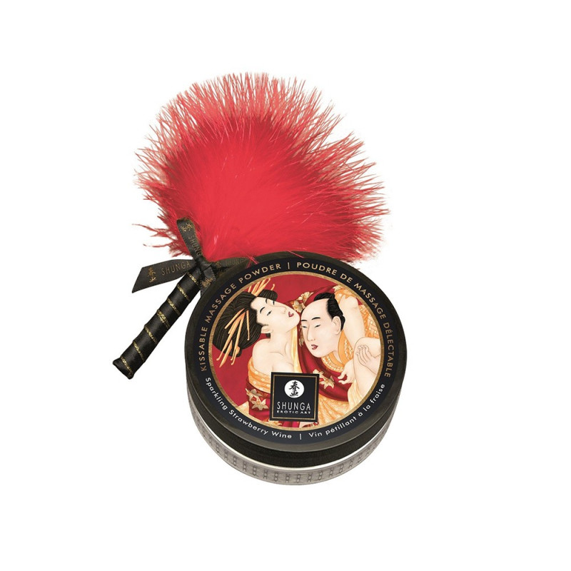 Mini Coffret poudre corporelle fraise/vin pétillant et plumeau assorti