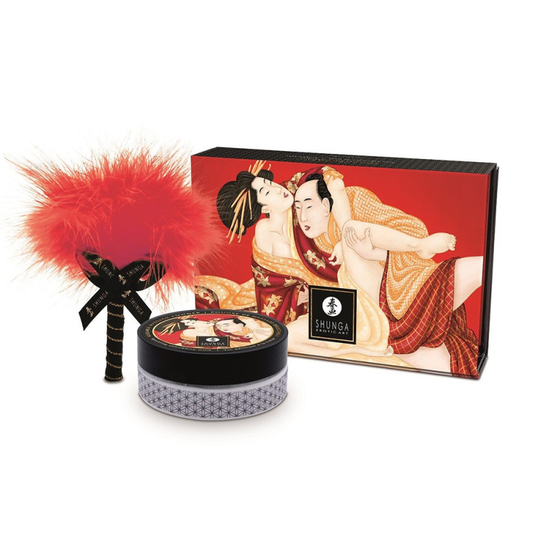 Mini Coffret poudre corporelle fraise/vin pétillant et plumeau assorti