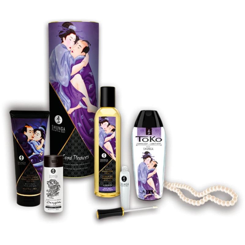 Coffret collection plaisirs charnels 5 produits Shunga + un collier de perles