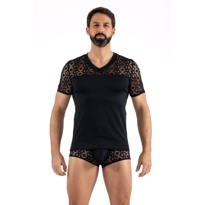 T-shirt noir résille brodée Shinny