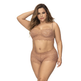 Ensemble 2 pièces en dentelle grande taille, top à bretelles et shorty couleur taupe