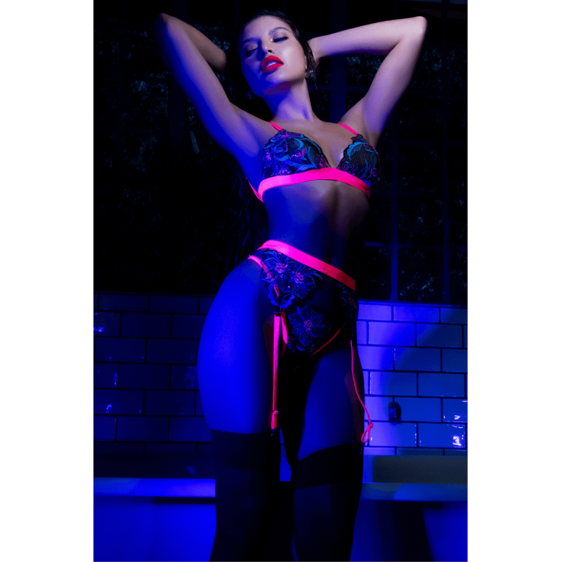 Ensemble lingerie 3 pièces bleu et rose brodé avec sequins – Mapalé