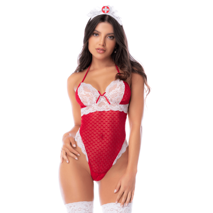 Body infirmière noir en maille et dentelle avec accessoire tête – Mapalé