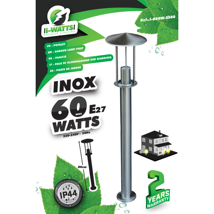 Borne extérieure Inox 60W E27 - Hauteur 80cm - I-Watts Outdoor Lighting