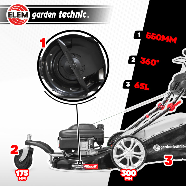 Tondeuse thermique tractée 3 roues 196cc - 55cm - 65L - Elem Garden