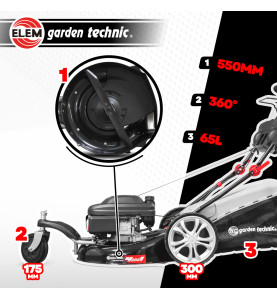 Tondeuse thermique tractée 3 roues 196cc - 55cm - 65L - Elem Garden
