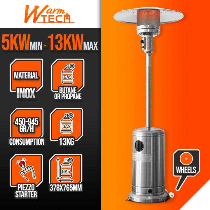 Chauffage de terrasse au gaz 13Kw en inox avec roues