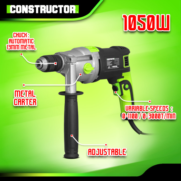 Perceuse à percussion 1050W mandrin auto. 13mm - 2 Vitesses - Carter Métal - Coffret inclus