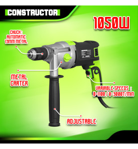 Perceuse à percussion 1050W mandrin auto. 13mm - 2 Vitesses - Carter Métal - Coffret inclus