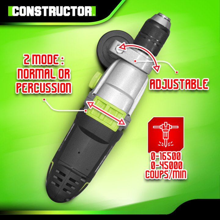 Perceuse à percussion 1050W mandrin auto. 13mm - 2 Vitesses - Carter Métal - Coffret inclus
