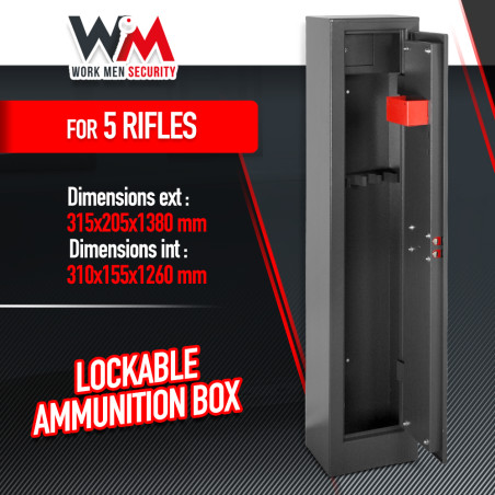 Armoire à fusils 315X205X1380mm avec coffre intérieur - 5 fusils - Workmen Security