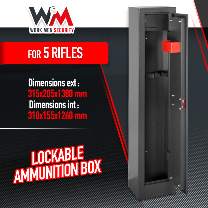 Armoire à fusils 315X205X1380mm avec coffre intérieur - 5 fusils - Workmen Security