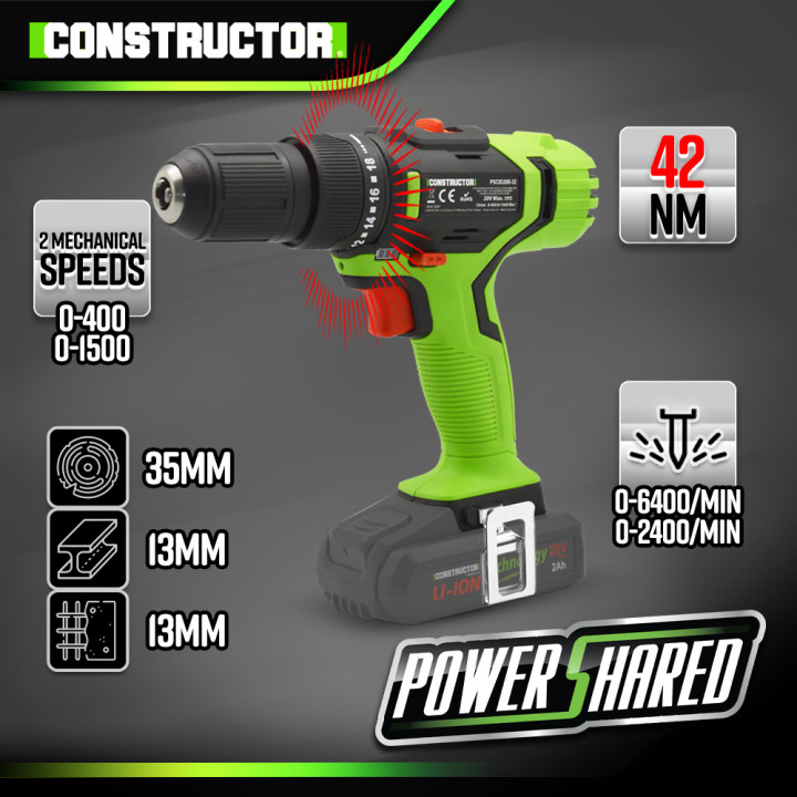 Perceuse visseuse percussion max 20V sans batterie - Mandrin autoserrant 13mm - 42Nm - Constructor