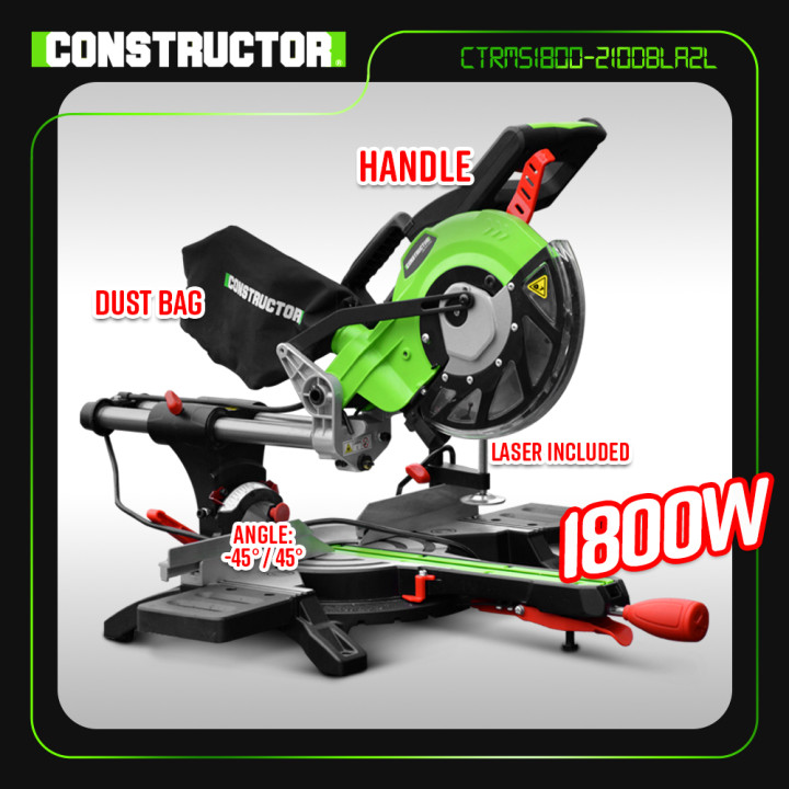 Scie onglets radiale 1800w-210mmavec laser et double inclinaison - Constructor