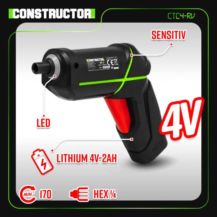 Tournevis rechargeable 4V lithium avec accessoires - 4.5Nm - Constructor