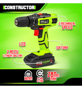 Perceuse visseuse 20V lithium-2 batteries - Chargeur rapide - Constructor