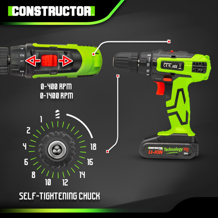 Perceuse visseuse 20V lithium-2 batteries - Chargeur rapide - Constructor