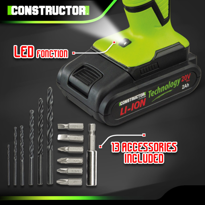 Perceuse visseuse 20V lithium-2 batteries - Chargeur rapide - Constructor