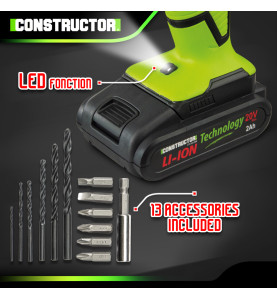 Perceuse visseuse 20V lithium-2 batteries - Chargeur rapide - Constructor