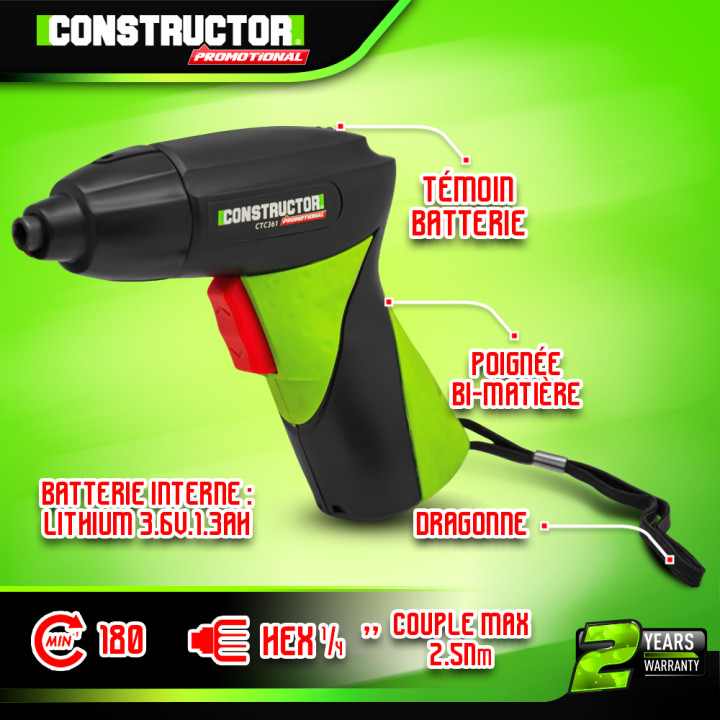 Tournevis rechargeable 3.6V lithium 1.3Ah - Mandrin HEX 1/4 - 2.5 Nm - Avec 10 embouts