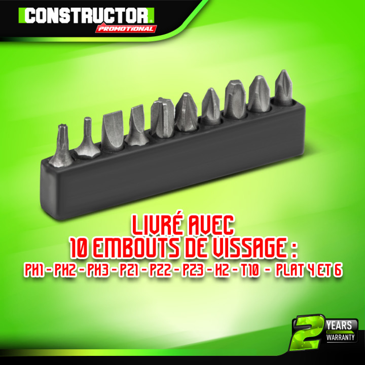 Tournevis rechargeable 3.6V lithium 1.3Ah - Mandrin HEX 1/4 - 2.5 Nm - Avec 10 embouts