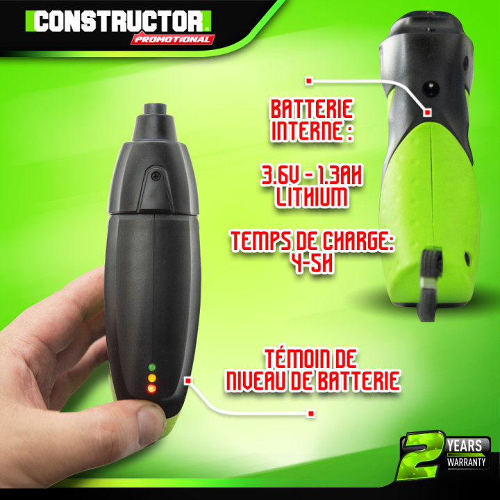 Tournevis rechargeable 3.6V lithium 1.3Ah - Mandrin HEX 1/4 - 2.5 Nm - Avec 10 embouts