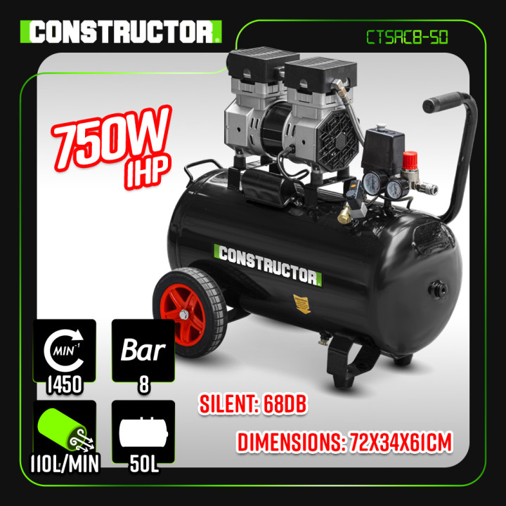 Compresseur 750W - 50L silencieux - 8 bars - Constructor