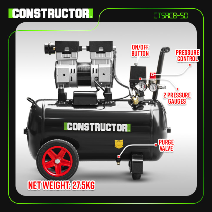 Compresseur 750W - 50L silencieux - 8 bars - Constructor