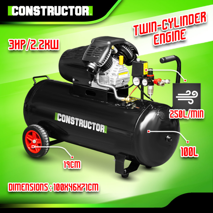 Compresseur à huile 100L bicylindre - 8 bars - 2.2Kw - Constructor