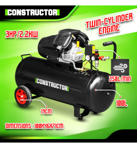 Compresseur à huile 100L bicylindre - 8 bars - 2.2Kw - Constructor