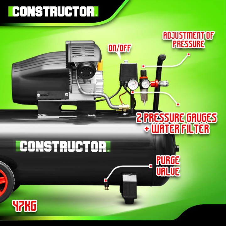 Compresseur à huile 100L bicylindre - 8 bars - 2.2Kw - Constructor