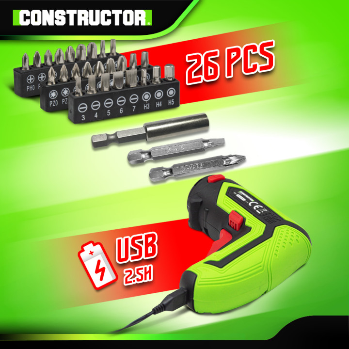 Tournevis rechargeable 4V lithium + accessoires - 4Nm - Coffret de rangement - Constructor