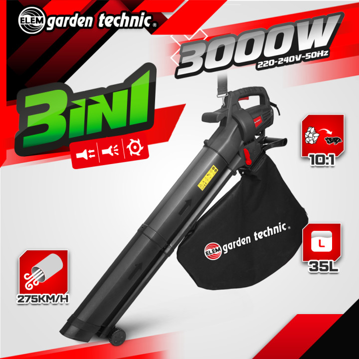 Aspirateur Souffleur Broyeur de Feuilles 3000W - 270 km/h - 10:1 - Sac 35L - Elem Garden