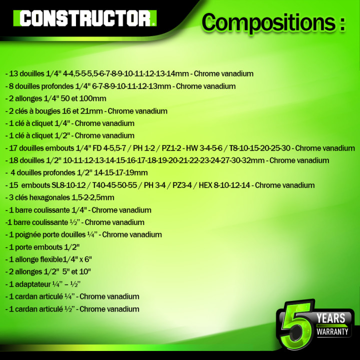 Coffre à douilles et embouts 94 pcs Chrome Vanadium  - Constructor
