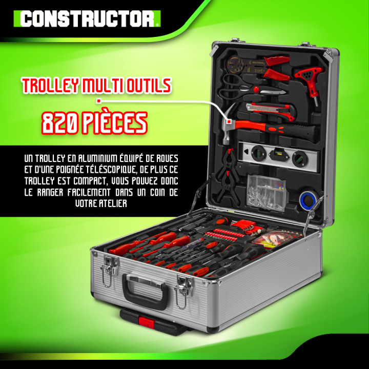 Trolley multi outils 820pcs avec poignée téléscopique - Constructor