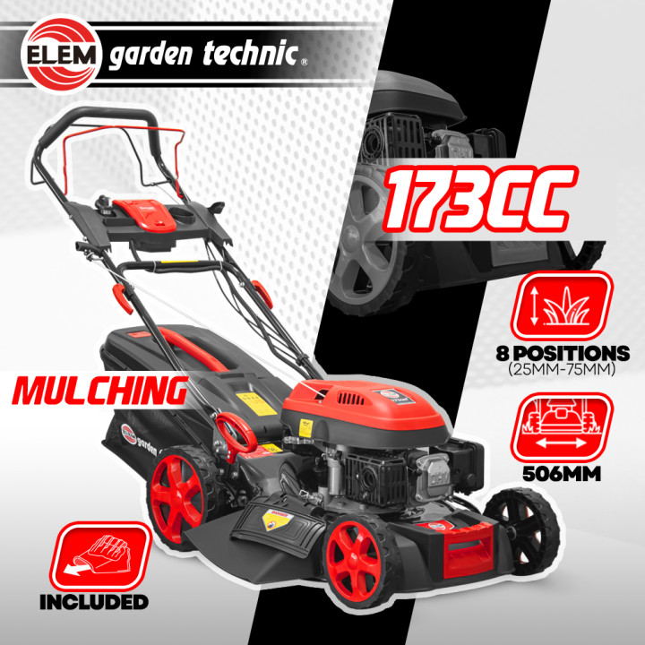 Tondeuse thermique autotractée 173cc - 50.6cm avec démarrage électrique -mulching - éjection latérale - Elem Garden
