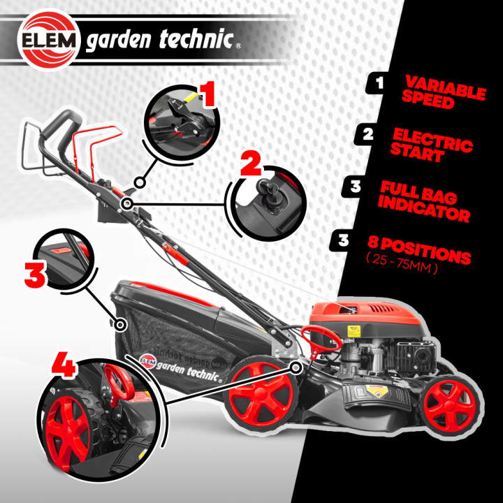 Tondeuse thermique autotractée 173cc - 50.6cm avec démarrage électrique -mulching - éjection latérale - Elem Garden