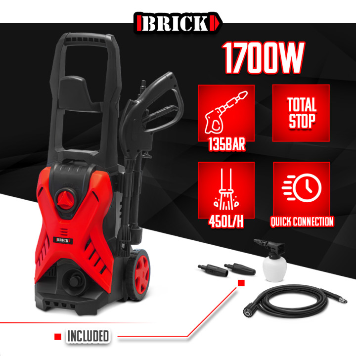 Nettoyeur haute pression 1700W - 135 bars sur roues - Buse turbo et buse rotative - Brick