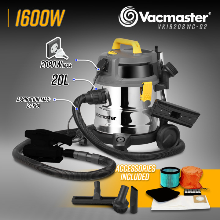 Aspirateur eau et poussières 1600W - 20L inox - 27 Kpa avec prise intégrée