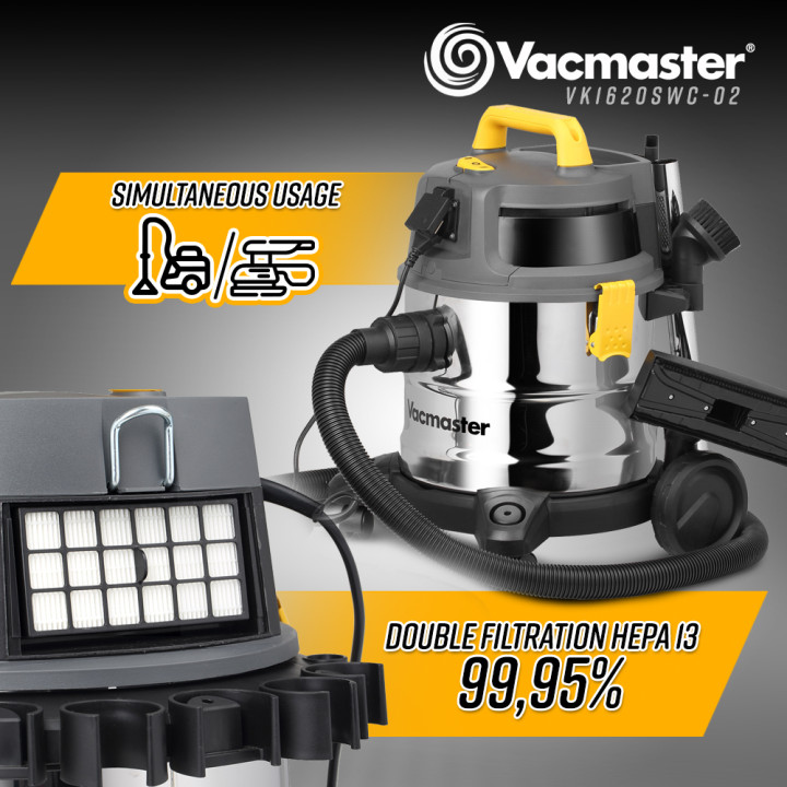 Aspirateur eau et poussières 1600W - 20L inox - 27 Kpa avec prise intégrée