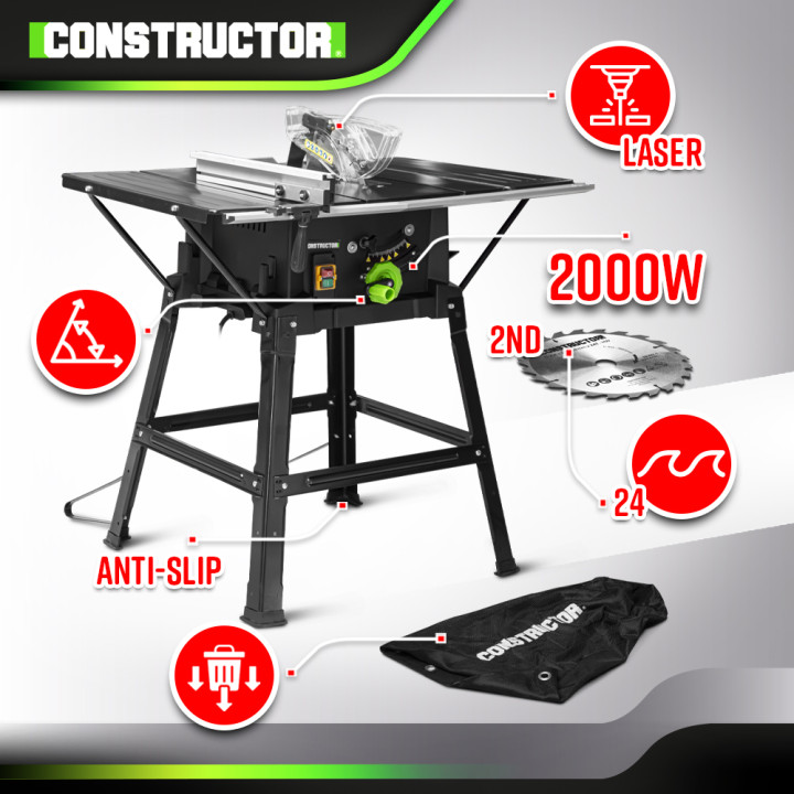 Table scie circulaire 2000W - 254mm - Livrée avec 2 lames (24 et 40 dents) - Constructor