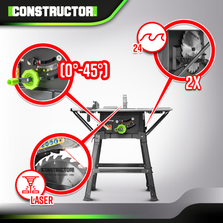 Table scie circulaire 2000W - 254mm - Livrée avec 2 lames (24 et 40 dents) - Constructor